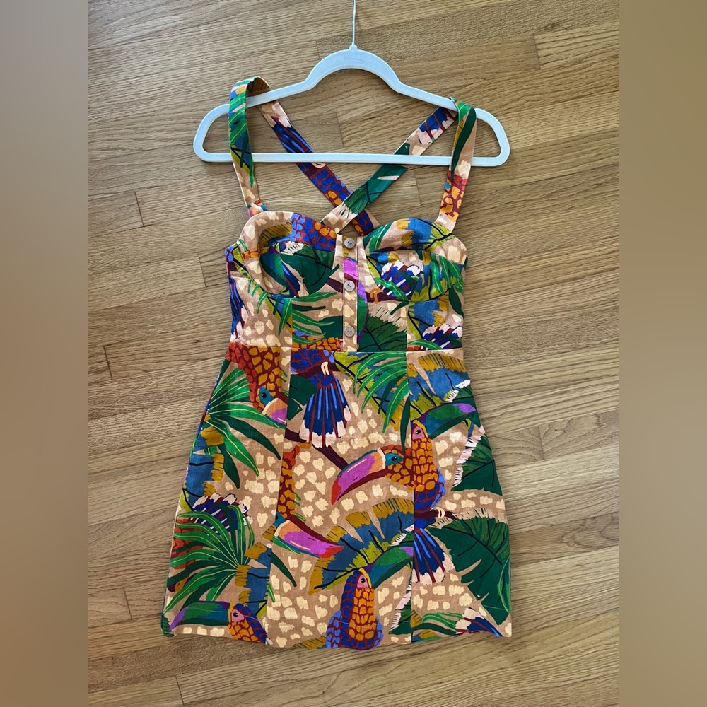 NWT Farm Rio “sand painted toucans” mini dress Size Small